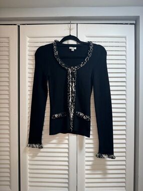 Cache Black Cardigan with Black-and-Cream Fringe Trim
